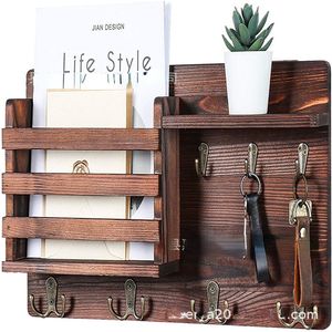 Bathroom Shelves Wooden Key Holder Box with 6 Hooks Wall Mounted Handmade Rustic Finish for Home Decor WJ021711 230725