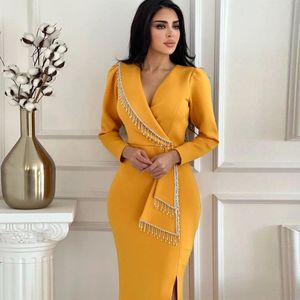 Elegant Beading Tassel Evening Dresses V Neck Long Sleeve Side Split Formal Gown Satin Floor Length Arabic Dubai Vestido De Novia 415