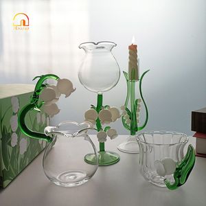 Vinglas med japansk stil 3d Lily of the Valley Water Cup Home High Borosilicon Creative Casual Ben Bene Candle Holder Handmade 230725