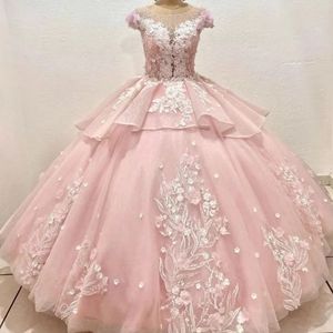 Pink Luxury Sweet 15 Party Flower Quinceanera Dresses spets Crystal Beading 3Dflower Back Pearls Neck Vestidos DE 15 ANOS