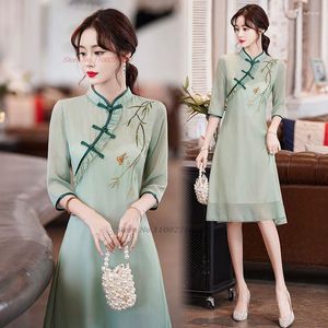 Ethnic Clothing 2023 Chinese Improved Cheongsam Dress National Flower Embroidery Chiffon Qipao Vestido Oriental Evening