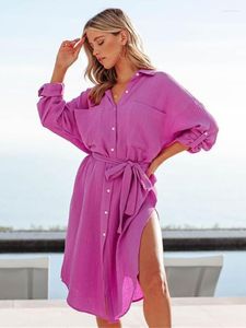 Costumi da bagno da donna Fitshinling Buttons Up Beach Tunic Outfits For Women 2023 Bohemian Slim Short Shirt Dress Cover-Ups Split Pareo Summer