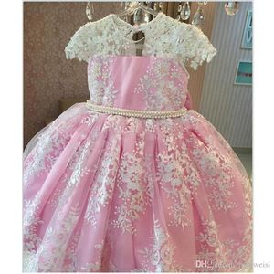 Elegante abito da ballo in pizzo con perle rosa Abiti da ragazza di fiori per applicazioni di nozze Abiti da compleanno Lunghezza pavimento Tulle Prima comunione Dre300d