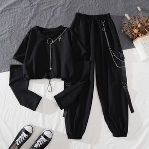 QNPQYX New Spring Autumn Women Harajuku Cargo Pants Handsome Cool Two-piece Suit Chain Long Sleeve Elastic Waist Ribbon Pants
