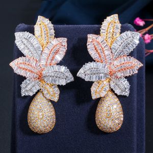 Stud Cwwzircons 3 Tone Gold Color Luxury Large Leaf Flower Micro Cubic Zirconia Pave Naija Wedding Party Earring for Women CZ644 230725