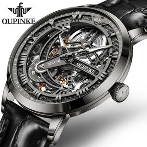 その他の時計oupinke luxury luxury automical watch men sapphire mirror Skeleton Hollow Design Leather Top Brand Waterproof Wristwatch 230726