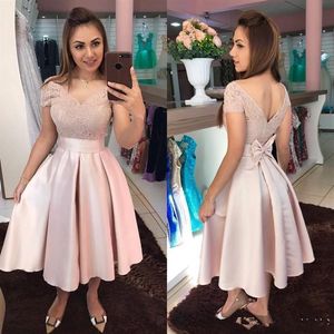 Off Shoulder Pink Prom Homecoming Dresses V Neck Knot Lace Pleats Short Sleeves Formal Prom Party Dress Sweet 16 Cocktail Dresses 208p