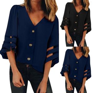 Kvinnors blusar Solid Color Fashion Stripe V Neck 5/4 Flare Sleeve Top Shirt Blusas Party Shirts Slim Fit Chemise Femme