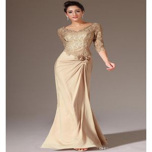 Säljer Champagne Modest Mother of the Bride Dresses Long Mermaid Style Lace Chiffon V-Neck 3 4 Long Sleeve Evening Formal Gow161q