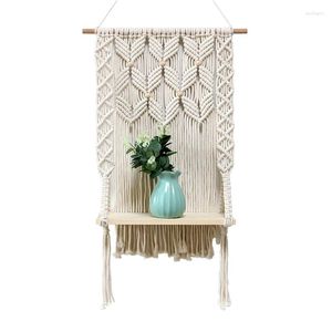 Tapisserier vägg hängande dekorativa hyllor handvävda macrame tapestry trätrack blomkruka vas prydnad förvaring hållare heminredning