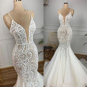 2020 Sexy Illusion Bodice Mermaid Wedding Dresses Spaghetti Straps Lace Applique Crystal Sheer Plunging V Neck Wedding Gown vestid277Z