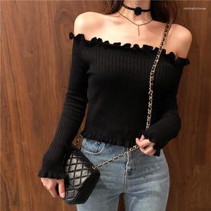 Women's Sweaters Woman Autumn Sexy Short Off-Shoulder Top Black Long Sleeve T-shirt