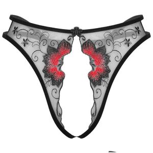 Women'S Panties Lace Open Crotch Thong Lingerie Erotic Underwear Women Mesh See-Through Thongs Low Waist Crotchless Embroidered G-Stri Dhkaj