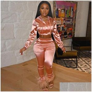 Women'S Two Piece Pants Womens Satin Tracksuit Women 2 Set Sportwear Hooded Crop Top And Pencil Sweat Suit Joggers Casual Matching Set Dhhi5