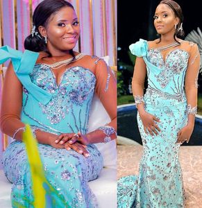 2023 Aso Ebi Sky Blue Mermaid Prom Dress Sequined Lace Beaded Evening Formal Party Second Reception Birthday Engagement Gowns Dresses Robe De Soiree ZJ770