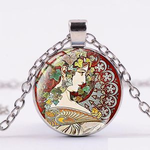 Pendant Necklaces Retro Pos Alphonse Mucha Necklace Theme Handmade Round Crystal Creative Women Long Chain Gifts Drop Delivery Jewelry Dhq2K