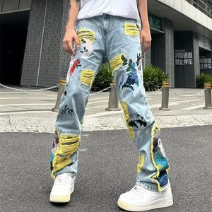 남자 청바지 Ropa Grunge Y2k 스트리트웨어 헐렁한 쌓인 찢어진 찢어진 청바지 바지 남성 의류 그래픽 자수 힙합 팬츠 Pantalon 230726