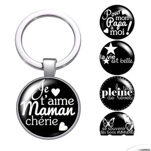 Keychains Lanyards French Je Taime Mama Papa Cherie Glass Cabochon Keychain Bag Car Key Rings Holder Sier Plated Chains Men Women Gi DHS2Q