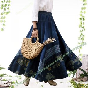 Saias Mulher 2023 Bohemia Roupa Feminina Casual Retrô Vintage Hole Floral Bainha Grande Jeans Jeans A-Line Estampado Maxi Elegante