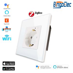 Smart Power Plugs ZigBee Smart EU Socket Wifi Socket Glass Panel Work With Home Smart Life Alexa Blue Backlight HKD230727