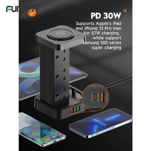 Plugues de alimentação inteligentes Soquetes USB PD 30 W Carregamento rápido 1 Tipo-C 3 Porta USB 3.0 Vertical Linha criativa Carregamento sem fio Reino Unido Torre inteligente Tomada de filtro de linha HKD230727