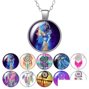 Anhänger Halsketten Dreamcatcher Dream Come Ture Mode Runde Halskette 25mm Glas Cabochon Silber Farbe Schmuck Frauen Party Geburtstag Geschenk Dhcot