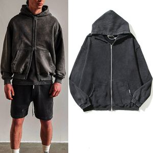 Mens Hoodies Sweatshirts High Street Retro Washed Dirty Cut Zip Hooded Sweatshirtsr Jacket Män och kvinnor tomma Harajuku överdimensionerade casual 230727