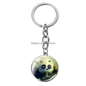 Keychains Lanyards Cute Panda Animal Keychain Funny Black Eyes Cartoon Glass Dome Handmade Metal Key Ring Children Birthday Gifts Dr Dhyx5