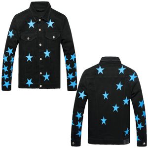 Erkek ceket denim am denim iri nakış yeni trend dekorasyon erkek yıpranmış saçak eşleşen mavi pentagram denim ceket ari7708