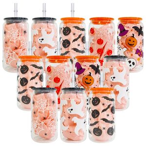 Aready Printed Halloween Design Pumpkin Skull Ghost Spider Web Printed 3D Touch UV Printing 16oz Beer Glass Can Travel Glass Cups With Plastic Lock och Clear PP Straw