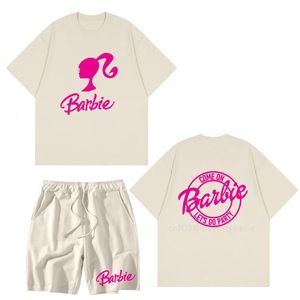 Mens Tracksuits Pink Cotton Tshirt Shorts Summer America Back Print Cute Cartoon Graphic Tops Short Pants Beige Casual Big Size Tee Women Suits 230727