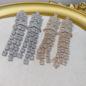 Baumelnde Ohrringe HIBRIDE Luxus Lange Quasten Baguette Für Frauen Hochzeit Kubikzircon Kristall Dubai Brautschmuck E-77