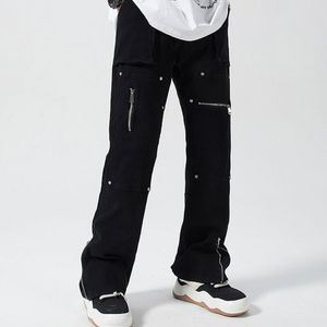 Black Cargo Straight Leg Pants Men's 2023 New High Street Slim Fitting Overall Casual Washed Split Zipper Trousers White