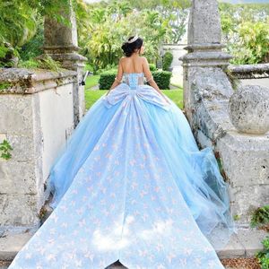 Céu Azul Com Grande Laço Quinceanera Vestidos Vestido de Baile Sem Mangas Cristal Borboleta Tull Vestidos De 15 Anos