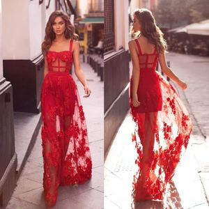 Nova Moda Vermelho 3D Appliqued Vestidos de Baile Alças Espaguete Frisado Vestidos de Noite Uma Linha Plus Size Vestido Formal de Tule Até o Chão