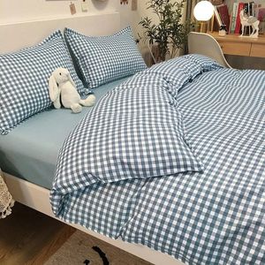 Bettwäsche Sets Blue Plaid Bettwäsche Set Mode weiches Bett Leinen Single Voller Queen -Size -Jungen Mädchen Bettdecke Flachblatt Kissenbezüge Kit 230726