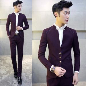 Men's Suits Blazer With Pants Mandarin Collar Tuxedo Slim Fit 3xl Men Bridegroom Costume Homme Mariage Navy Black Wine Red