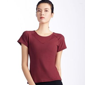 Camicie attive Sport Donna Abbigliamento da palestra Manica corta Yoga Top Solid Fitness Camicia da corsa Traspirante Filato netto Splicing Allenamento Abbigliamento sportivo