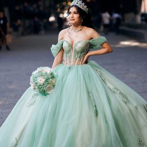 Salbeigrün glänzende Quinceanera-Kleider mit Perlenstickerei, Spitze, schulterfrei, Geburtstagsfeier, Prinzessin, Abschlussball, Vestidos de 15Anos