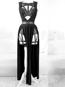 Byxor gotisk klubb sexig sommar kjol set kvinnor ärmlös svart korsett skörd topp bandage underbyxor mesh split kjol 3 st -uppsättningar