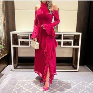 Elegant Short Halter Chiffon Fuchsia Evening Dresses A-Line Ruffles Ankle Length Zipper Back Prom Dresses With Sleeves Robe De Soiree Formal Party Gown for Women
