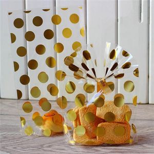 100 Stück / Los Kunststoff Gold Weiß Polka Dot Transparent Cellophan Süßigkeiten Keks Geschenktüte mit DIY Hochzeit Geburtstag Party Supplies242H