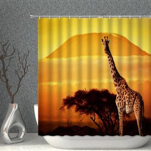 Shower Curtains Giraffe Curtain Set Sunlight Landscape Animal Waterproof Cloth Bath With Hooks Multi-size Bathroom Screen Decor259G