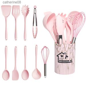 10st Pink Silicone Cooking redskap Set Non-Stick Pan Baking Tools Köksutrustning Spatula Spoon Food Tongs Kitchen Kit med Box L230621