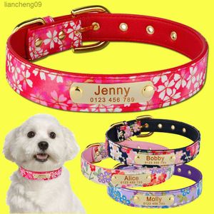 Durable Adjustable Personalised Dog Collar Leather Puppy ID Name Custom Engraved XS L Nameplate Tag Pretty flower Puppy Collar L230620