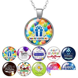 Colares com Pingente Feliz Aniversário Presente Bolo Parabéns Colar Redondo Cabochão de Vidro 25Mm Joias Banhadas a Prata Festa Drop Delivery Penda Dh76F