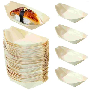 Utensílios de jantar conjuntos 100 pcs bandeja de madeira Sushi Boat Sashimi Servindo recipiente descartável Bamboo Wooden Bowl