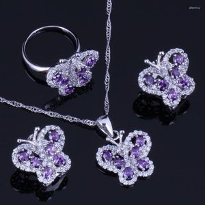 Colar Conjunto de Brincos Borboleta Majestic Roxo Zircônia Cúbica Branca CZ Pingente Banhado a Prata Anel Corrente V1000