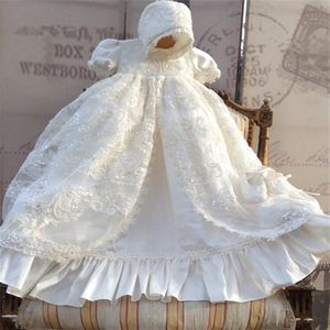 2021 Spetsdopning Gown Lace Sequins Baby Spädbarn Småbarn Girls Dopklänningar med motorhuven White Ivory20e