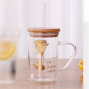 Muggar 400 ml Modernt mode Rose Straw Cup Light Luxury Glass Sippy Home Par Breakfast med handtag Lid Office Coffee